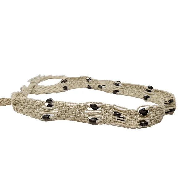 Vintage 80s Belt Beige Crocheted Tie Boho Beaded Macrame Misses 31 Inches - Picture 5 of 5